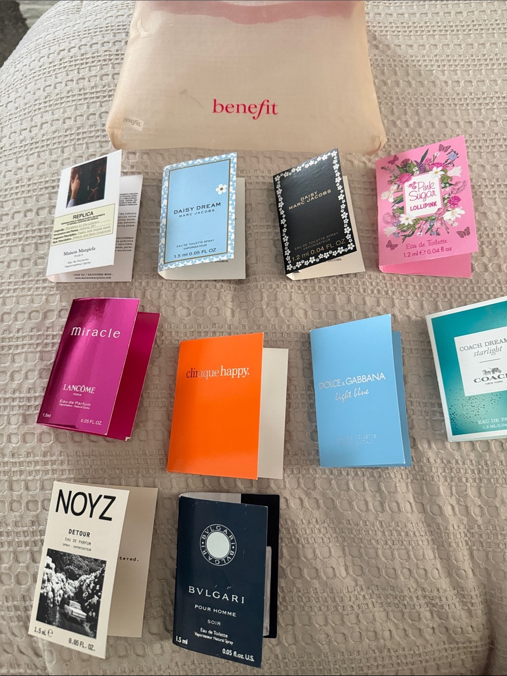 Benefit Pink Canvas Cosmetic Pouch with 10 Colorful Perfume Sample Booklets
